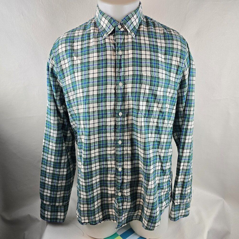J Crew Shirt Mens Large Green Button Down Plaid Slim Cotton Linen Twill Casual